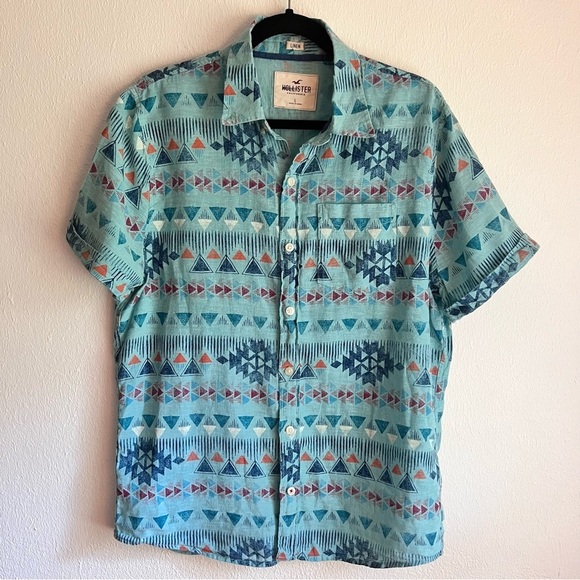 Hollister Other - Hollister Linen Button Up Blue Geometric Aztec, Size Large